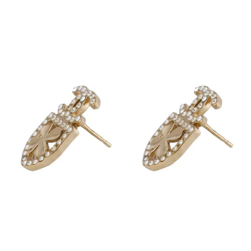 Pre-owned Chanel Gold Tone Crystal CC Logo Clover Shield Stud Earrings JLP020509