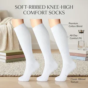 Compression Socks for Women and Men - 3 Pairs 8-15 mmHg Knee High Support Socks Made of Cotton, Perfect for Travel, Sports, Running, Nursing, and Varicose Vein Relief, Breathable and Comfortable Design