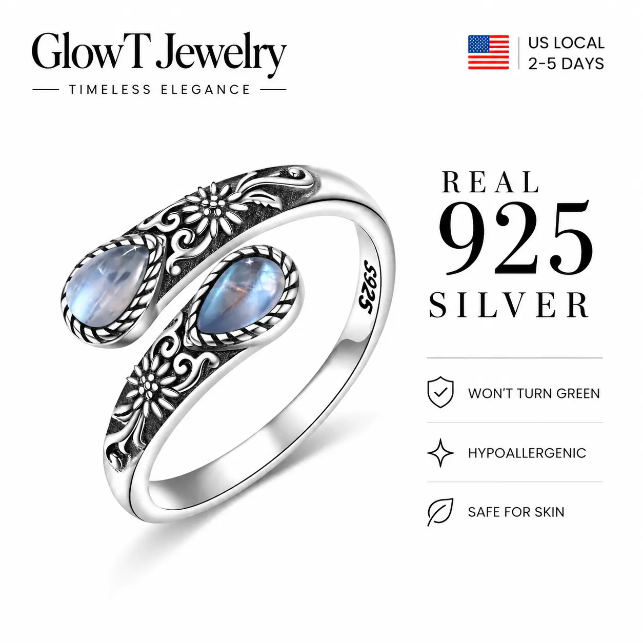 925 Sterling Silver Open Ring with Blue Moonstone Gemstones, Floral Engraved Vintage Adjustable Band, Elegant Boho Statement Jewelry for Women, Perfect Gift for Daily Wear