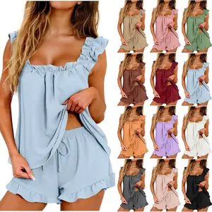 Womens Summer Cami Pajamas Set 2 Piece Ruffle Pj Cute Tank Top & Shorts Sleepwear Set Sexy Bridal Pajama Soft Nightwear