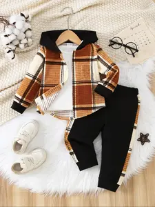 Boys' Plaid Jacket and Pants Set, Casual Daily Wear, Comfortable for Kids, Perfect for Outdoor Activities, Clothes Kids