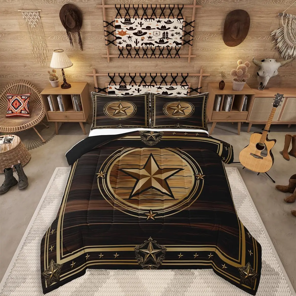 Feelyou Queen-Size Whole Piece Western Texas Star Motif Bedding Set - Vintage Cowboy Comforter, Durable U-Stitching, All-Seasons Machine-Washable Travel-Friendly Southwestern Farmhouse Decor Duvet Insert for Boys
