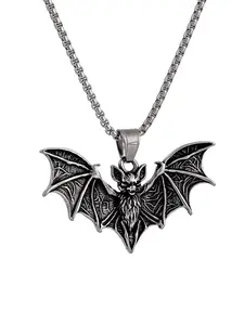 Gothic Bat Pendant Necklace, Stainless Steel Vampire Bat Jewelry, Halloween Goth Accessories for Men