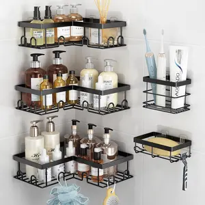 Corner Shower Caddy 5 Pack, Rustproof Stainless Steel Shower Organizer with Soap Rack Toothbrush Holder, Large Capacity Adhesive No Drilling Bathroom Storage Decor Set, Black