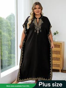 plus size ethnic pattern embroidered split kaftan dress, boho notched neck batwing sleeve long dress, summer clothing, women's summer clothes, modest clothing caftan robe, muslim women gowns