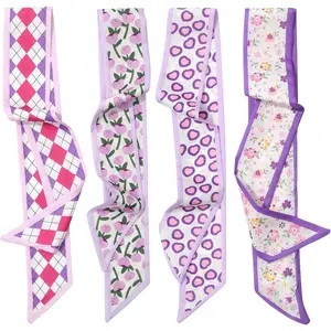 4PCS Satin Head Scarf for Women, Neck Hair Purse Handbag Accessory Fashion Versatile Thin Long Strip Scarf