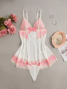 Women's 2-Piece Cute Floral Sheer Lingerie Set - Strapless Babydoll Top, Thong Panties, Lightweight Polyester Blend, Elastic Stretch, Bow Detail, Shoulder-Baring Shortie Bodysuit, Pink & Burgundy Options