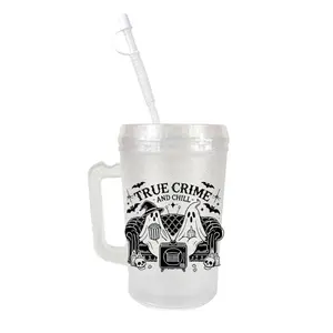 True crime and chill- Halloween ghost 34oz Trucker Mug - Perfect for Your Morning Drinks - Drinkware, Cup Reusable Tumbler Washable Coffee Beverage Lid Stylish Reuse