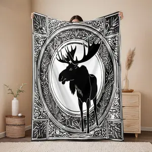 1pc 280gsm Home Deer, Oval Frame, Plant Texture Flannel Blanket, Machine Washable, Suitable for Sofa Bed Car Camping Office Home Decor, Multi-purpose Gift Blanket, Suitable for All Seasons
