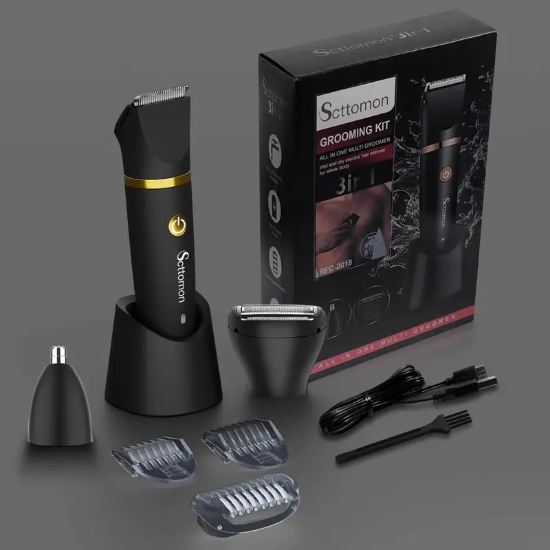 Scttomon Men's 3-in-1 Cordless Battery-Powered Trimmer Machine - 3-Head Body Trim, Stainless Steel Blade, Ergonomic, IPX7 Waterproof, Hypoallergenic, Pain-Free Wet/Dry Hair Removal, Built-In Batteries, Mens Gifts