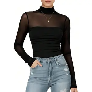 Women Long Sleeve Sheer Mesh Bodysuit Mock Turtle Neck Body Suit Tops  Sexy Ruched Going Out Leotard