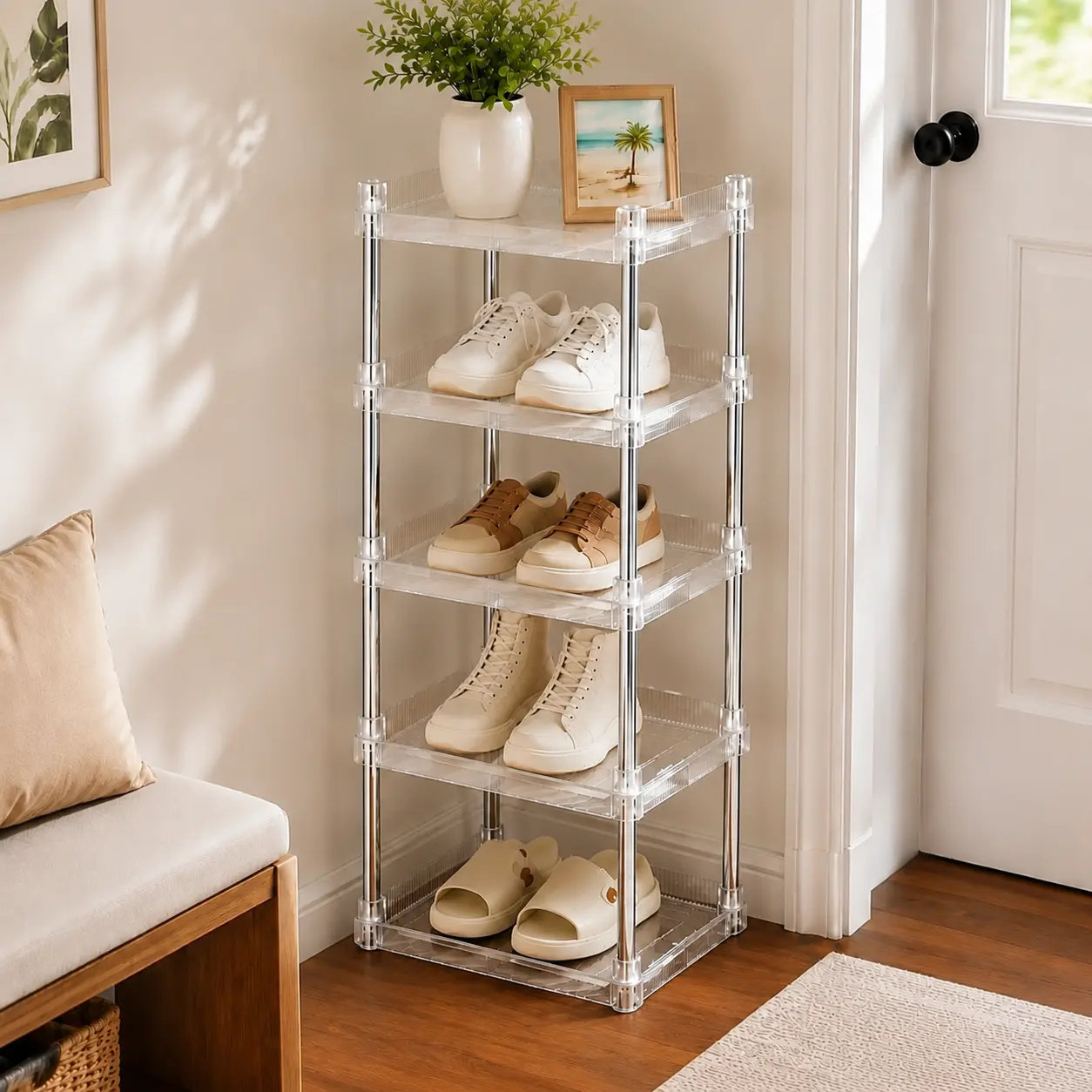 Clear Plastic Shoe Rack with 5 Levels for Organizing Shoes and Accessories in Home Decor