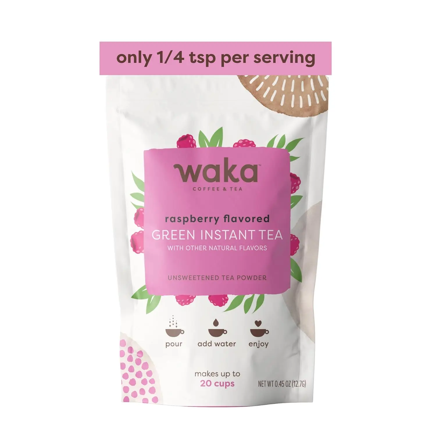 Waka Instant Green Tea Mix, Raspberry Flavored - 100% Tea Leaves, No Additives, Unsweetened Sample\/Travel Size Tea Powder - Easy Quick Hot and Iced Teas, Up to 20 Cups or 5 Quarts (.45oz)