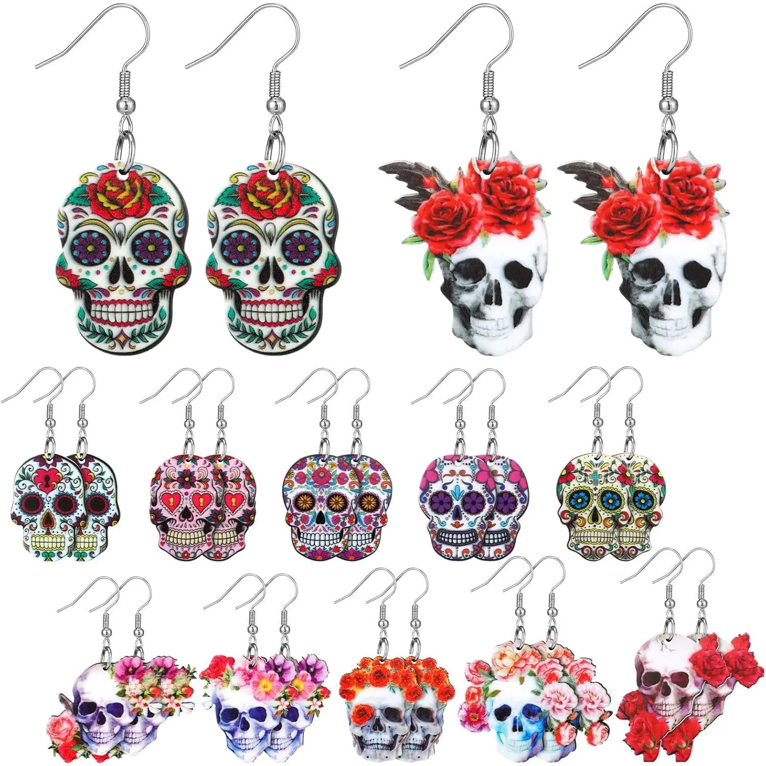 12 Pairs Day of The  Earrings Halloween Sugar Skull Golf Earrings Dangle    Decor Skull Gifts for Women (Novel Style)