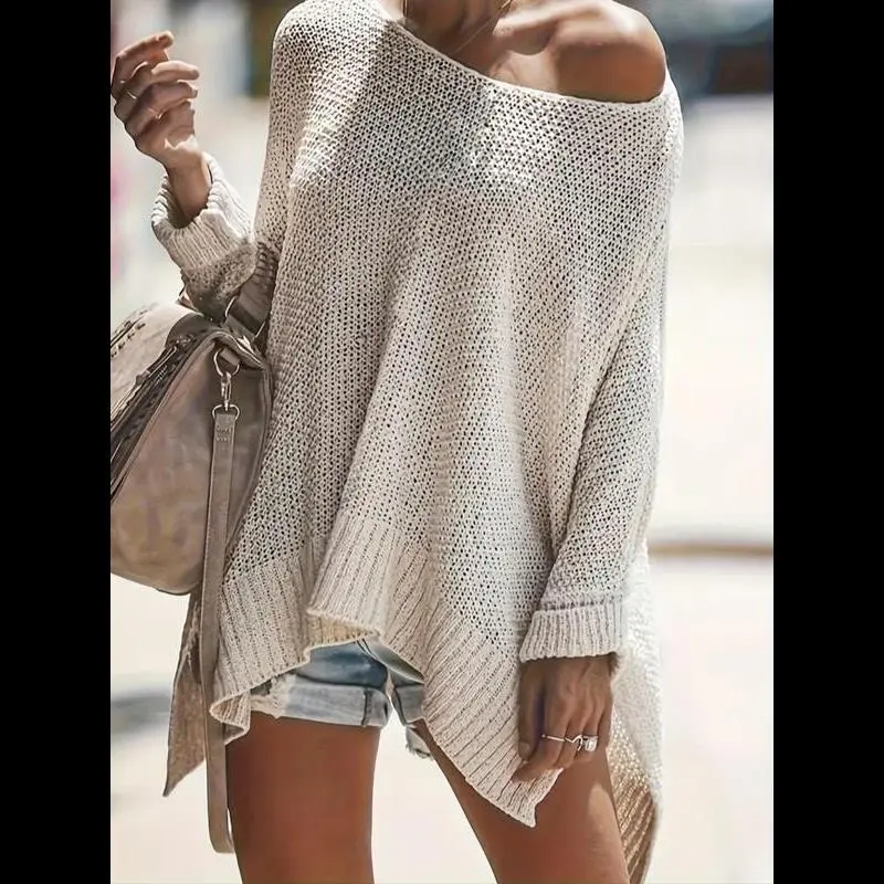 Plus Size Women's Knit Sweater, Solid Color Loose Pullover, Long Sleeve Cold Shoulder Split Design, Fall Winter Comfortable Fashion