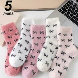 5 Pairs Women's Thick Warm Fuzzy Socks With Bow Design, Comfort Home Socks For Autumn/Winter Breathable Cute Casual Fluffy Ankle Socks Soft Fit