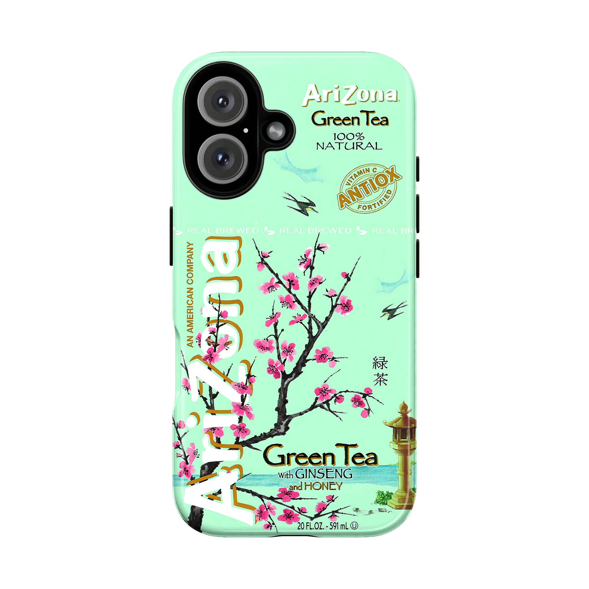ARIZONA DRINK Green Tea with Ginseng & Honey Phone Case for IP 17 16 15 14 13 12 11 Pro Max XR Xs 6 7 8 Plus SE, Iconic Cherry Blossom Aesthetic Case, Retro 90s Aesthetic Cherry Blossom Cover, Vaporwave AriZona Green Tea Tough Case