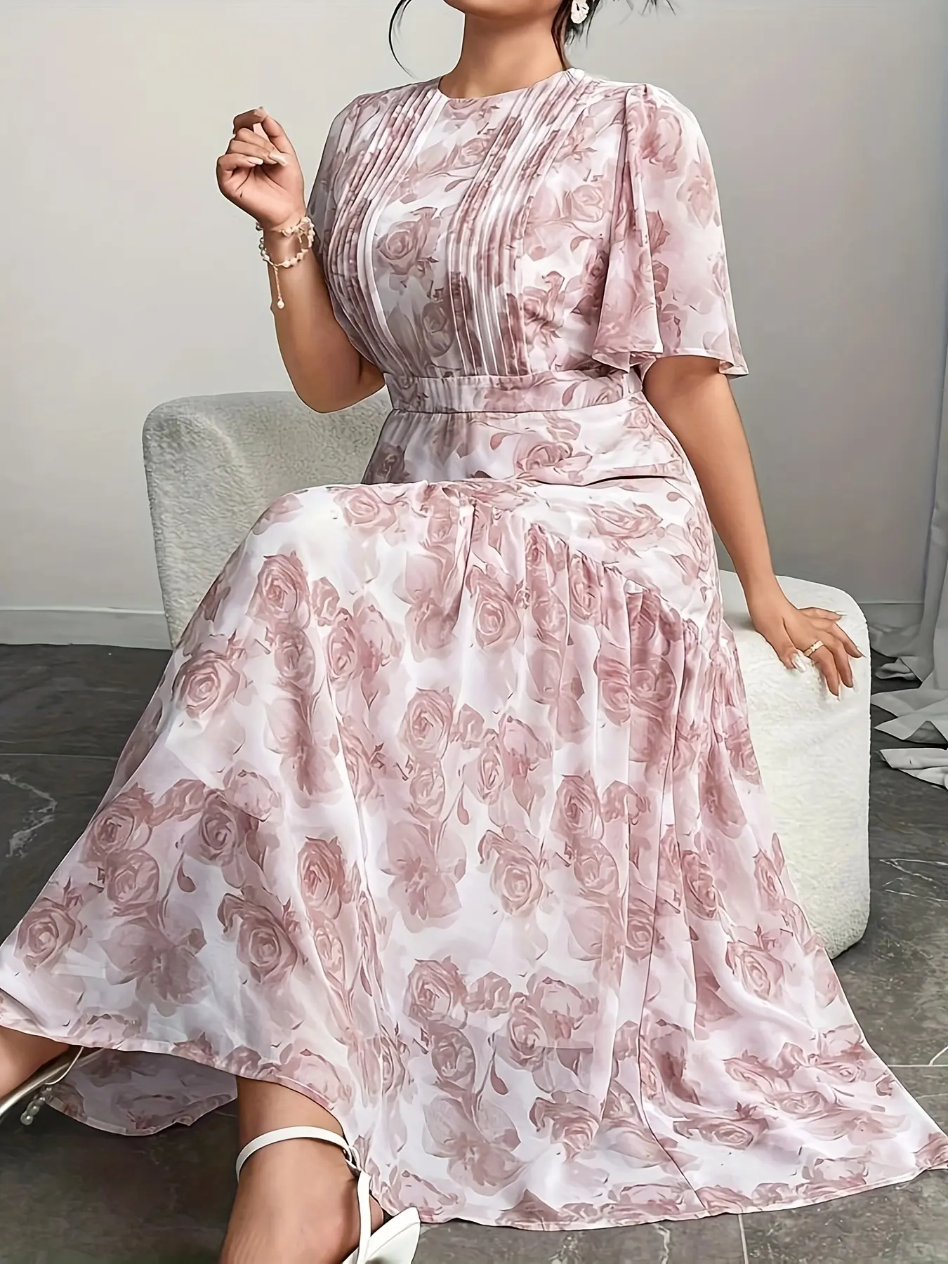 Women's Spring Summer Plus Size Womenswear Fashion Casual Boho Bohemian  Chiffon Floral Print Elegant Dress, Loose-Fitting Midi Dress with Short  Sleeves - TikTok Shop