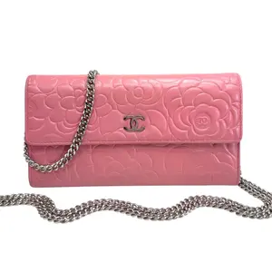Pre-owned CHANEL Leather Crossbody Bags Pink Lambskin SHW Camellia Long Flap Wallet