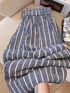 Striped Wide-Leg Pants, Women, Blue- Vertical Stripes, High-Waisted Flower Waist, Slimming and Tall, Breathable Linen Fabric, Casual Style