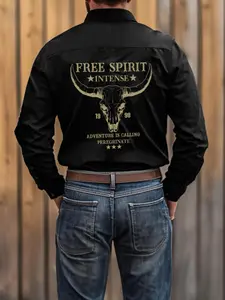 Men's Western Style Long Sleeve Fitted Shirt with 'free Spirit' Bull Print on Back, Casual Button-Up Stand Collar, Retro Vintage Look for Denim and Biker Enthusiasts, Casual Wear Clothing