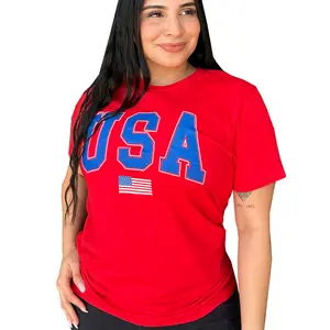USA T-Shirt - Unisex Patriotic American Flag Tee for Men and Women - Made in USA - Red Crewneck Short Sleeve - 100% Cotton - Sizes S-XXXL