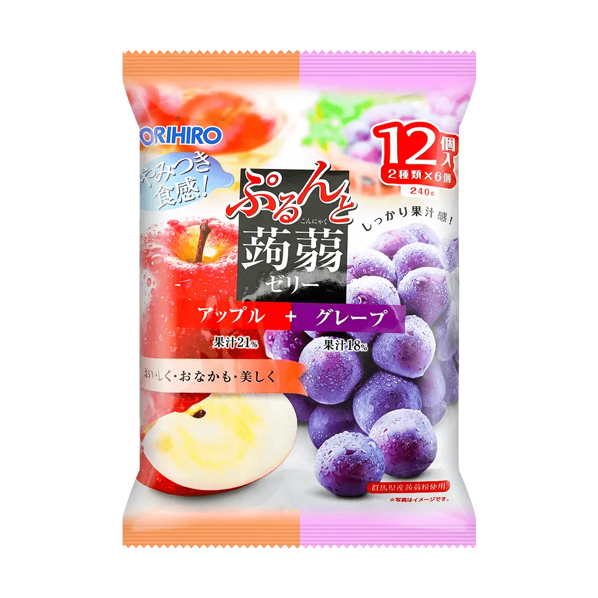 ORIHIRO Konjac Jelly Drink Apple Grape Flavor - Low Calorie, High Fiber, Healthy Snack, 12 Pouches (240g)