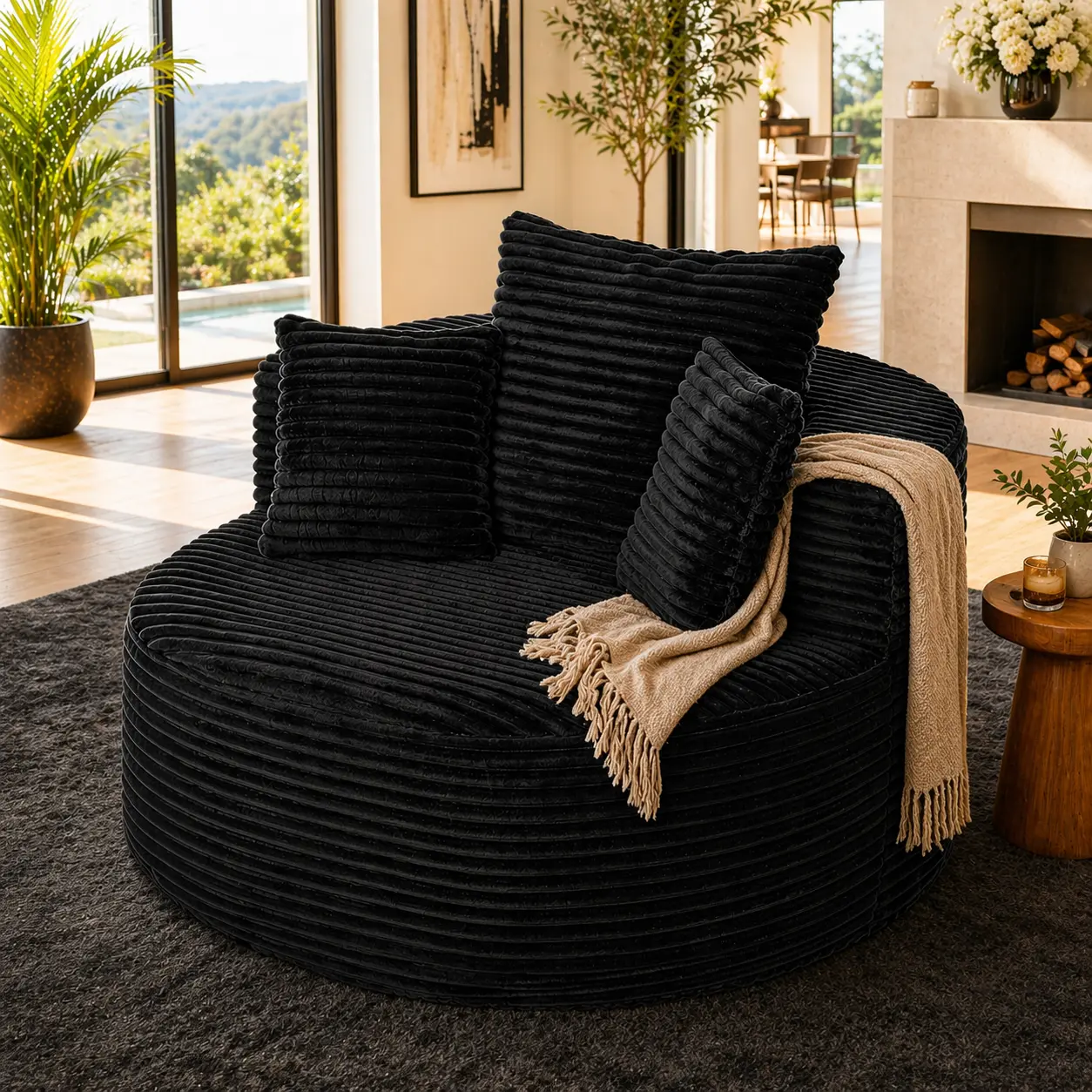 Tactow Round Cloud Couch with 3 Pillows, Deep Seat Ribbed Corduroy Boneless Design, Compressed Delivery, No Assembly Required for Bedroom, Apartment and Living Room, Black