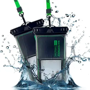 Mobily 2 Pack Black - IP68 Waterproof Phone Pouch Floating Design No Sink Waterproof Phone Case - Beach Pool Travel Essentials - Works w/All Phones - Detachable Lanyard - Black/Hi-Vis Green