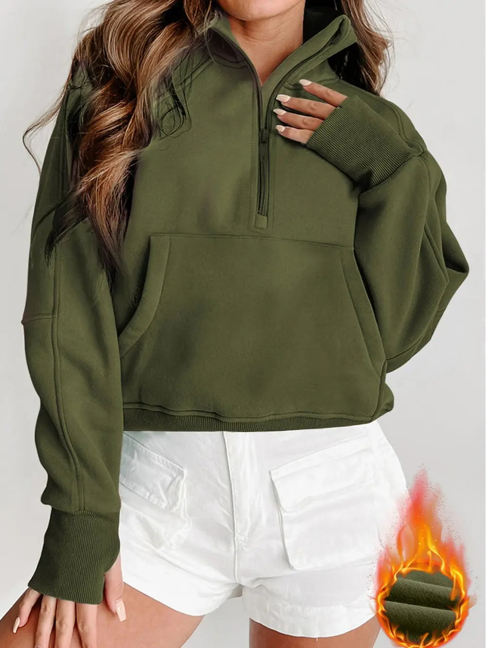Women Long Sleeve Fleece Cropped Sweatshirt Pocket Pullover