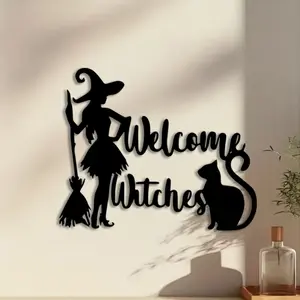 1pc Witch Metal Wall Art, Witch and Cat Statue Mural, Perfect for Doorway Wall, Halloween Decor, Ideal Gift for Gothic Lovers, Rust-Resistant Metal