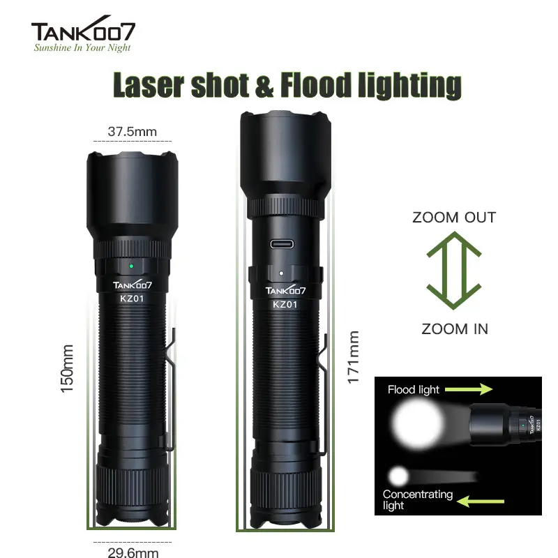 TANK007 KZ01 High-Power Zoom Flashlight - 20W LED, 18650/21700 Battery Compatible, IP66 Waterproof Aluminum Alloy Spot/Flood Torch, 800m Range, Memory Modes for Emergency Search