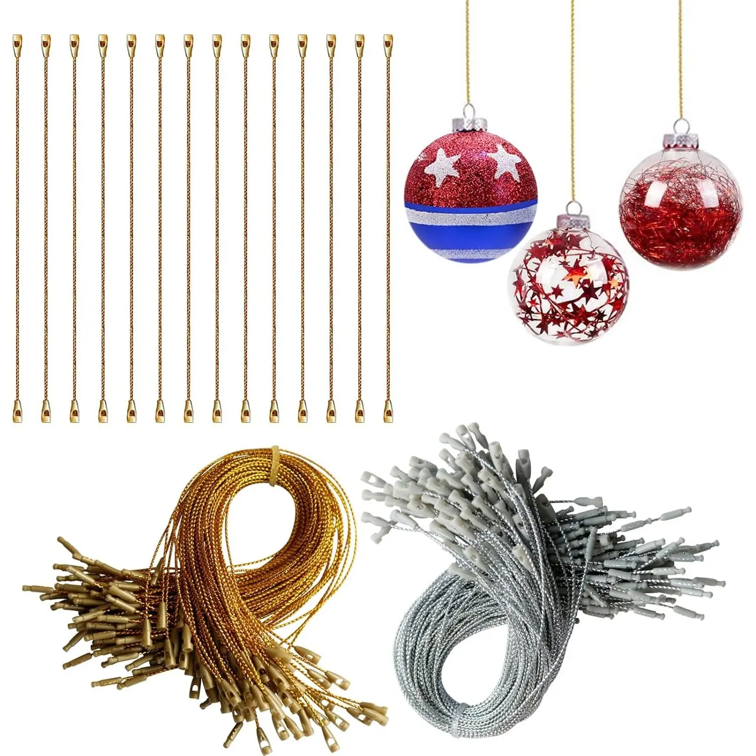 200Pcs Silver&Gold Ornament Hooks Ornament Hangers Ribbon Ornament String with Snaps Precut String Hangers Snap Fasteners Rope Hooks for Halloween Christmas Ornaments Price Tag Crafts Gift Tag
