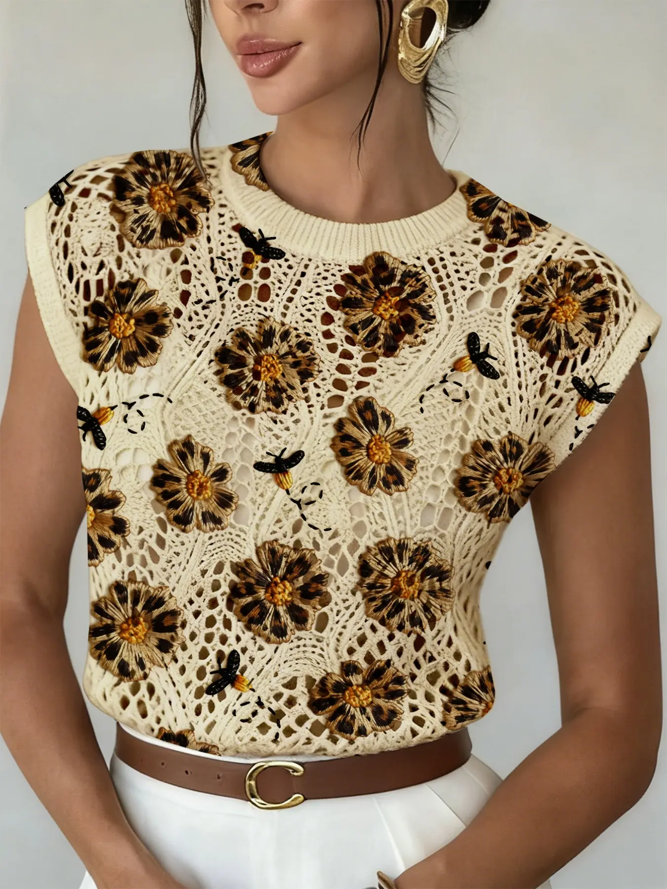 Spring Summer Elegant Women's Floral Bee Animal Pattern Print Round Neck Sweater, Casual Loose Fit Knit Top, Breathable Fall Winter Wear