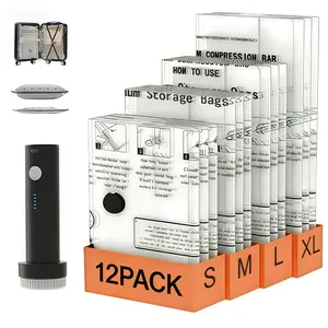 Vacuum Storage Bags with Wireless Pump for Travel, 12 Pack Vacuum Seal Bags for Clothing Travel, Compression Vacuum Bags for Clothes,Luggage,Blankets(3 S/3 M/3 L/3 XL)