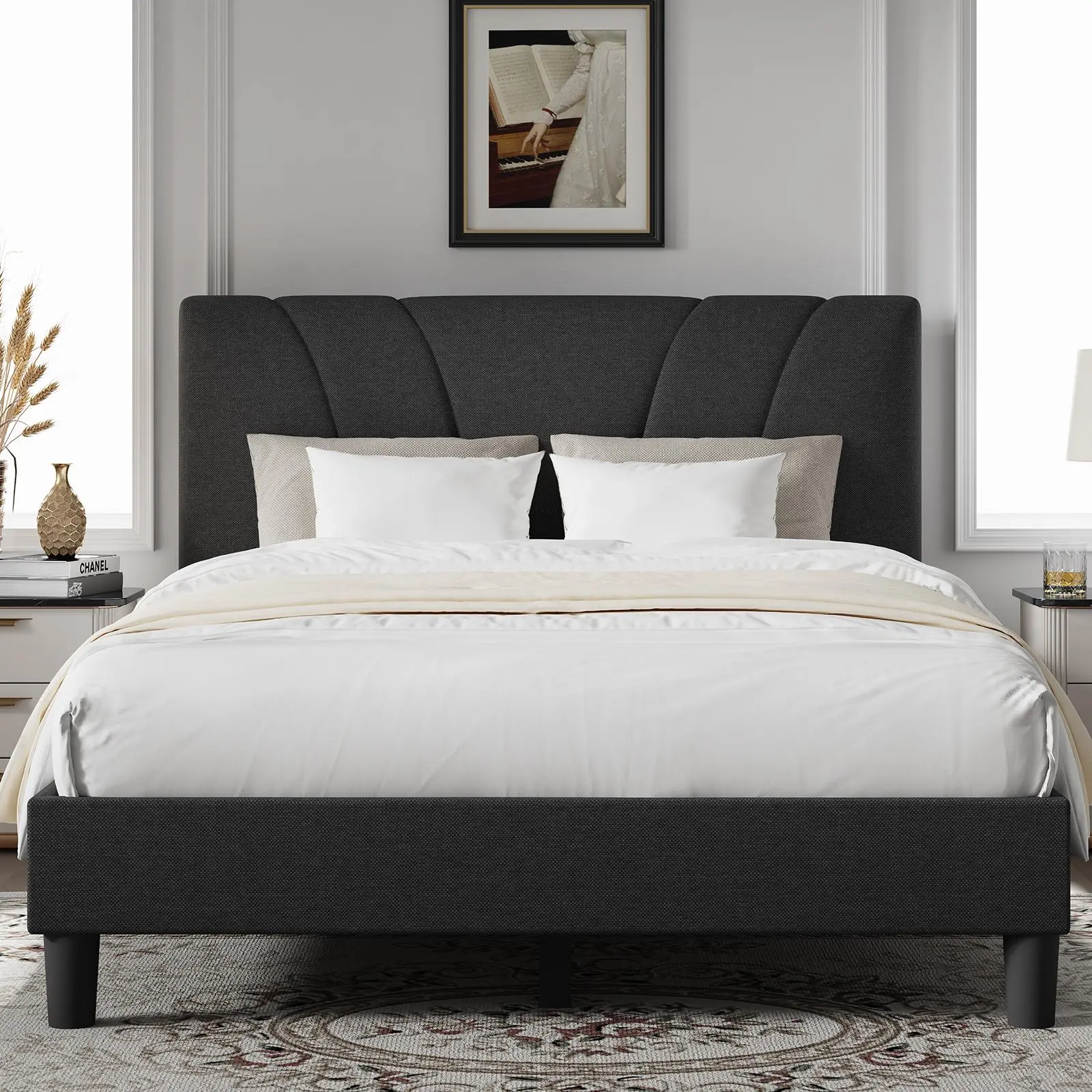 Novilla Bed Frame Upholstered Platform Full/Queen/King Bed Frame with Adjustable Headboard, Strong Weight Capacity, No Box Spring Needed, Easy Assembly, Grey Modern Unique Bedroom Furniture,Back To School