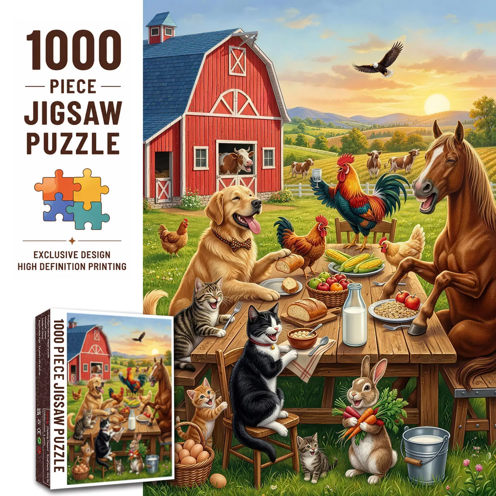 【Back to School】Walarky Funny Farm Animals 1000 Pieces Jigsaw Puzzle, Red Barn Horse Dog Cats Rooster Rabbit Country Farm Dinner Scene, Family Game, Stress Relief, Relaxing Brain Challenge, Wall Decor, Gift for Adults Animal Lovers, 27.5x20inch(70x50cm)