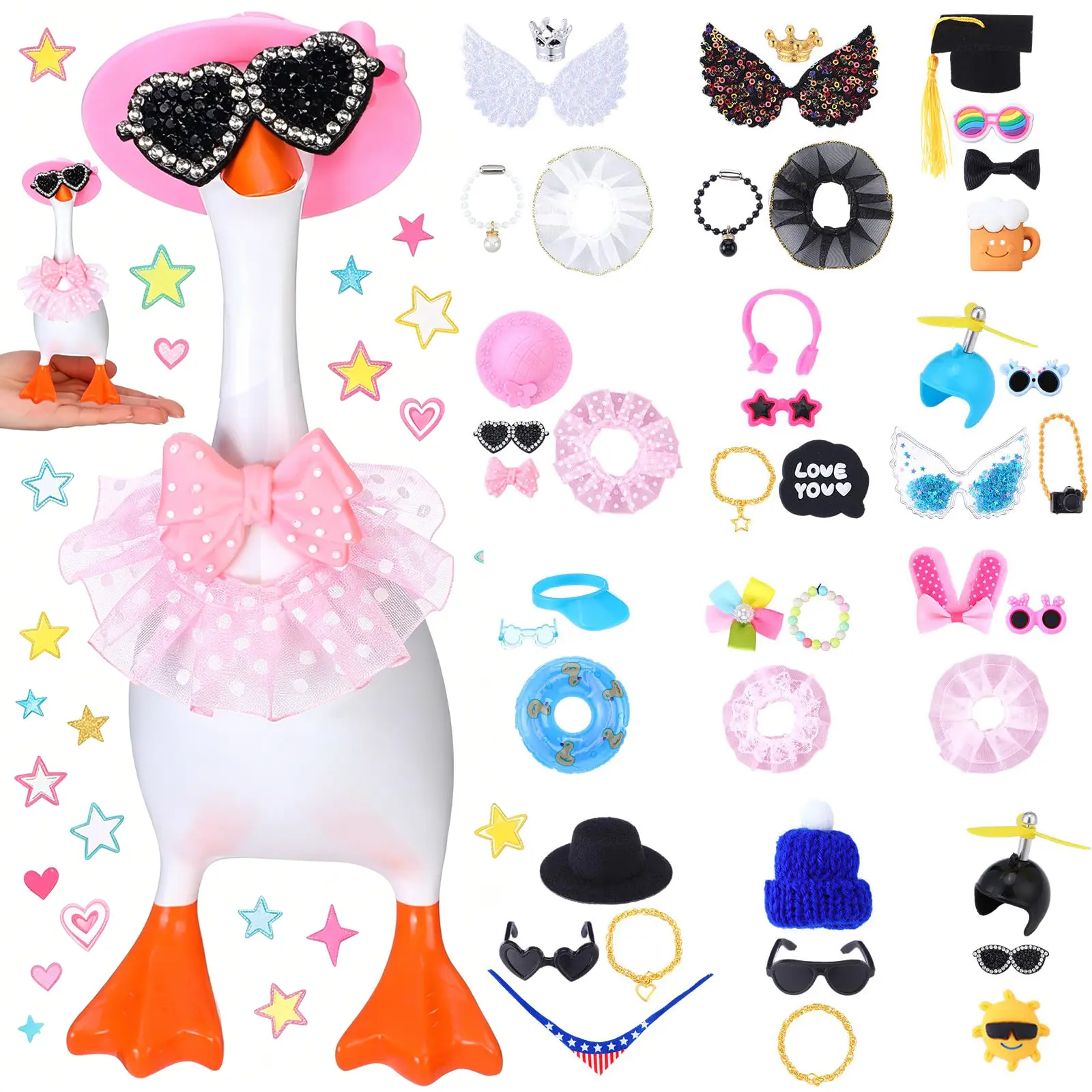 12-Set 7in Polyester Felt Plastic Mini Desk Goose Headwear & Outfits Accessories, Cool Photo Gift Ornaments for Magnetic Geese Statue Key Holder, Halloween Office Decor (Toys & Hobbies DIY Felt Crafts)