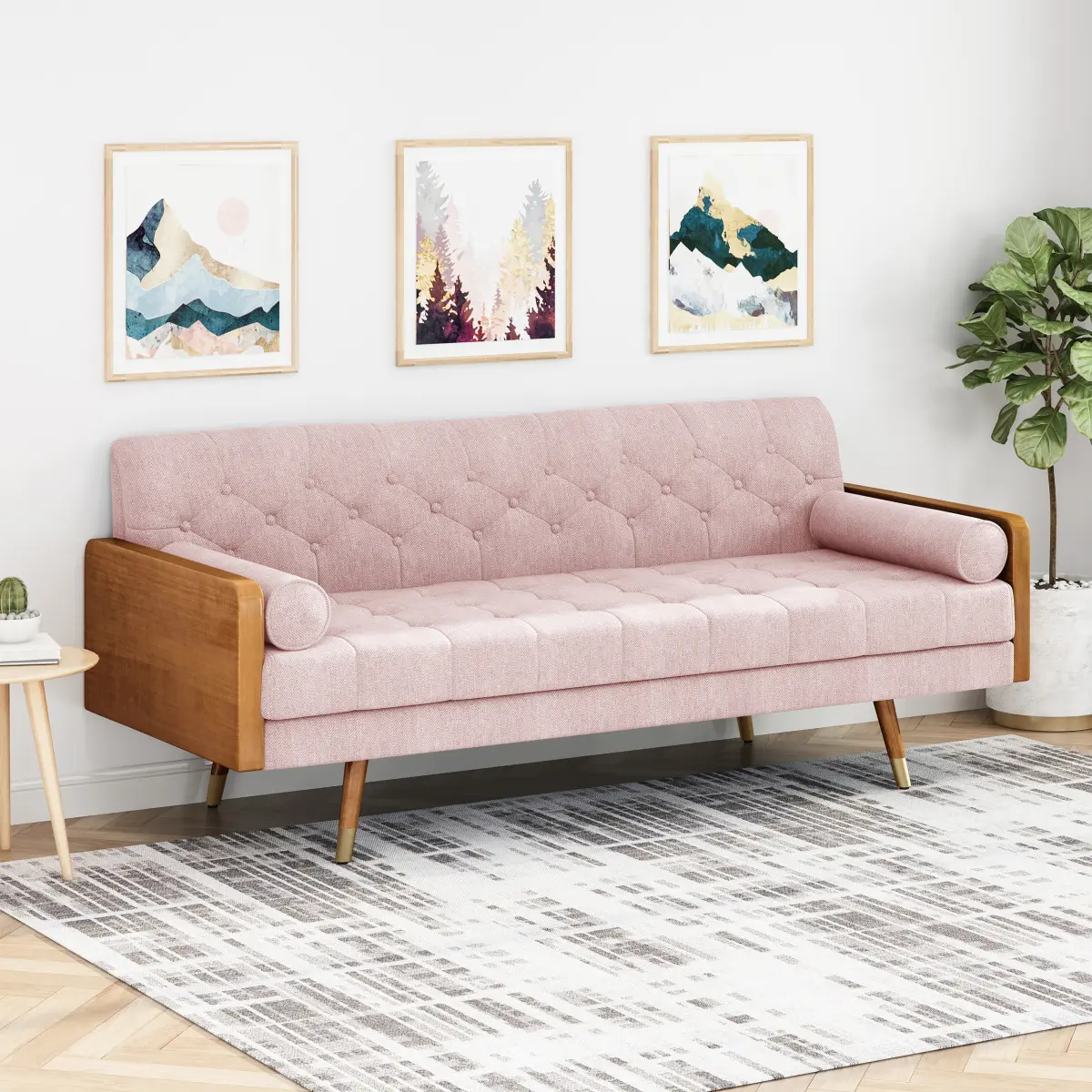 Blush Pink Mid-Century Modern 3-Seat Tufted Back Diamond Stitch Fabric Sofa with Balancing Wood Accents, Durable Wood Frame, 72.25x30.5x32.25in, 78.48lbs, Assembly Requires, Box-Shipped Indoor Furniture, Three Seats