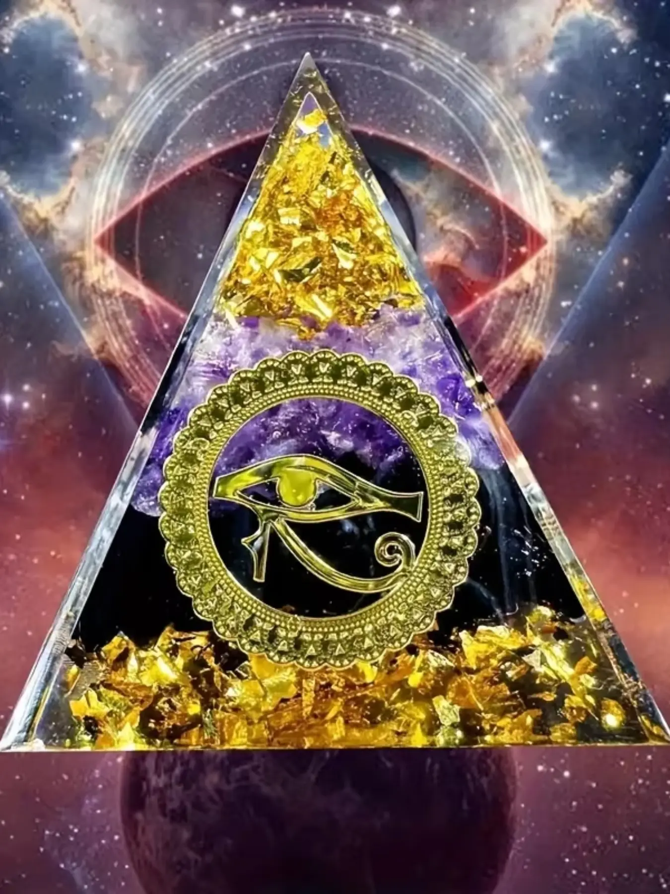 Oriental Crystal Pyramid, Egyptian Horus Eye Artwork, Energy Pyramid Gift, Crystal Sculpture, Crystal Carvings, Spiritual Decor, Crystal Home Decor, Resin Crystals
