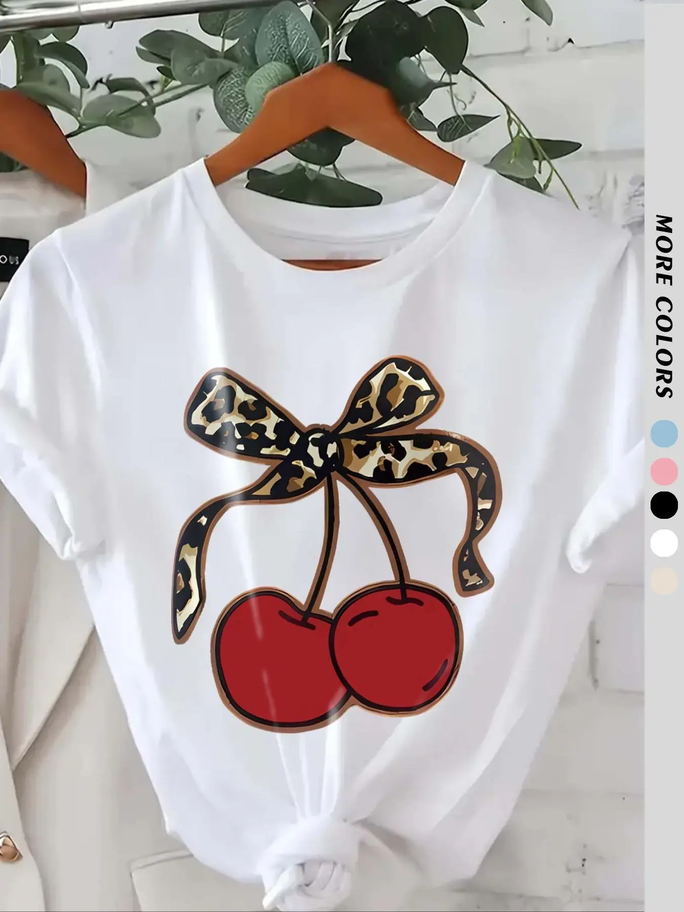 Women's Leopard Print Cherry & Bowknot Print Round Neck Tee, Animal Print Tee, Short Sleeve Crewneck T-shirt for Summer, Everyday Wear, Ladies Clothes for Daily Wear, Casual Tee Tops