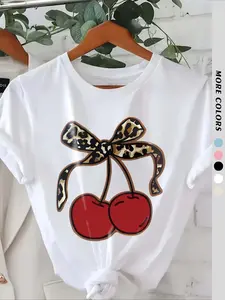 Women's Leopard Print Cherry & Bowknot Print Round Neck Tee, Casual Short Sleeve Crewneck T-shirt for Summer, Casual Everyday Wear, Ladies Clothes for Daily Wear, Top, Tshirt