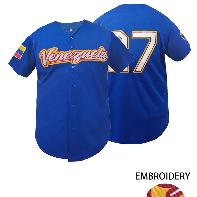 Men Women Baseball Jersey, Embroidered Baseball Jersey, Venezuela 27 Stitched Baseball Shirt, V Neck Short Sleeve Breathable Sports Shirt, Loose Fit Casual Design, All-Season Wear, Perfect for Outdoor Activities, Embroidery Jersey