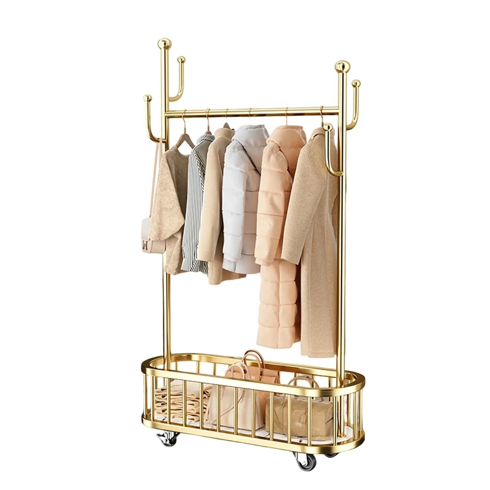 Garvee Freestanding Modern Clothes Hanging Rack - Durable Sturdy Steel Frame Heavy Duty Unit with 4 360° Swivel Casters, Storage Basket, 80x175cm, Bedroom Clothes Rack Organizer, Gold