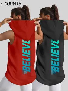 Women's Sleeveless Hooded Tank Top with Letter Print, Fashionable Casual Sportswear Activewear for Summer Outdoor Activities