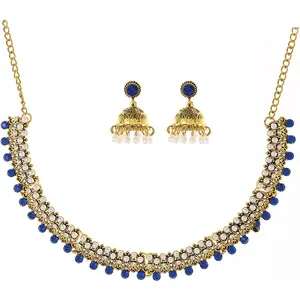 Chain-Earrings-Indian-Jewelry-Sets-for-Women-Jhumka-Choker-Kundan-Necklace Gold Rhinestones Chain Earrings Oxidized Indian Jewelry Set