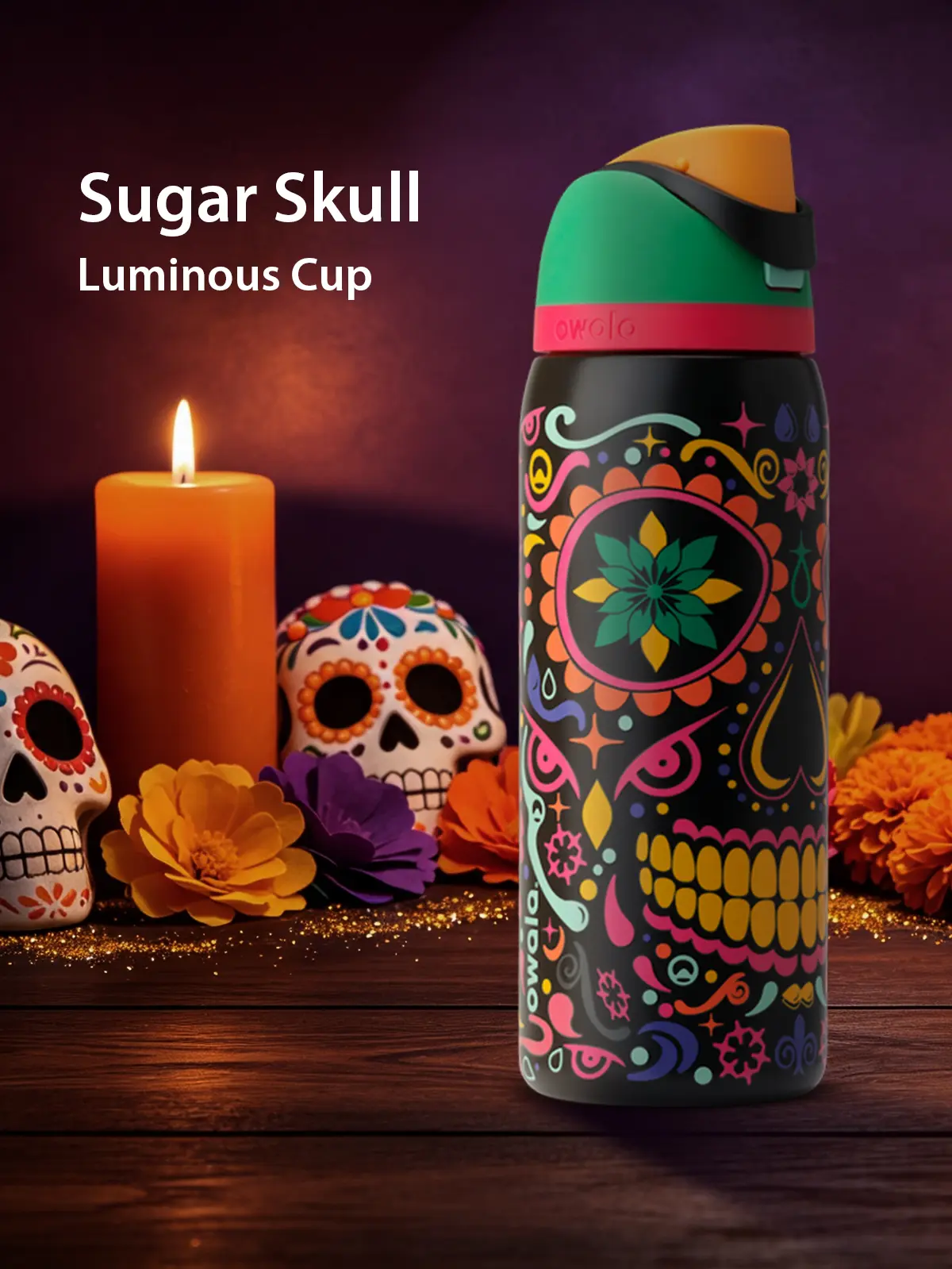 OWALA FreeSip 32 oz Sugar Skull Luminous Limited Edition Stainless Steel Water Bottle. Glows In The Dark. Leak-Proof Lid And a Built- In Straw. 24 hours cold. You Spirited Sips Any Time Of Day. Suitable for Outdoor Sports, Travel, Camping. Birthday Gift.