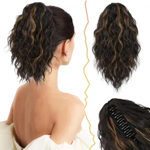 Claw Clip Ponytail Extension 14 Inch Wavy Curly Synthetic Hairpiece for Women Dark Brown with Highlights Natural Look Easy Attachment Daily Party