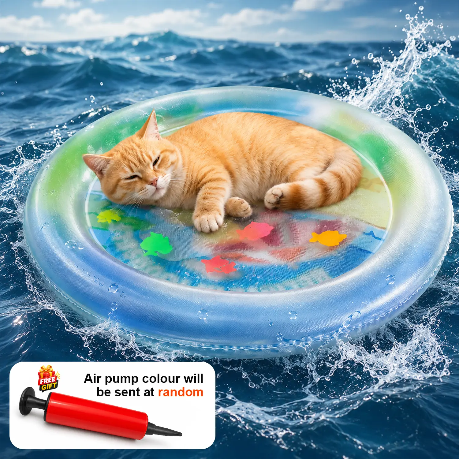 Inflatable Cat Water Play Mat - Upgraded Thick Anti-Scratch Stripes, Dual Valves, 65cm / 25.6inch in Diameter, Cool or Warm Pad, Stays Put Grip, Anti-Splash Floating Fish, Interactive Pet Toy, Living Room Use, Free Gift Included