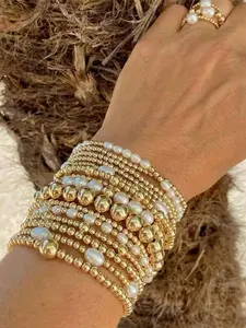 15pcs Set Of Stacked Gold Bracelets For Women And Girls, Mixed Bead Shaped Pearl Bracelet With Gold Plated Elastic Bead Ball Bracelet Set, Daily Surprise Gift Jewelry
